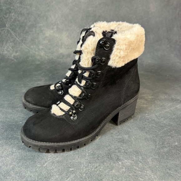 Madden Girl Black Faux Suede Fur Trim Lace Up Heel Booties Women's Size 7.5M - Picture 1 of 8